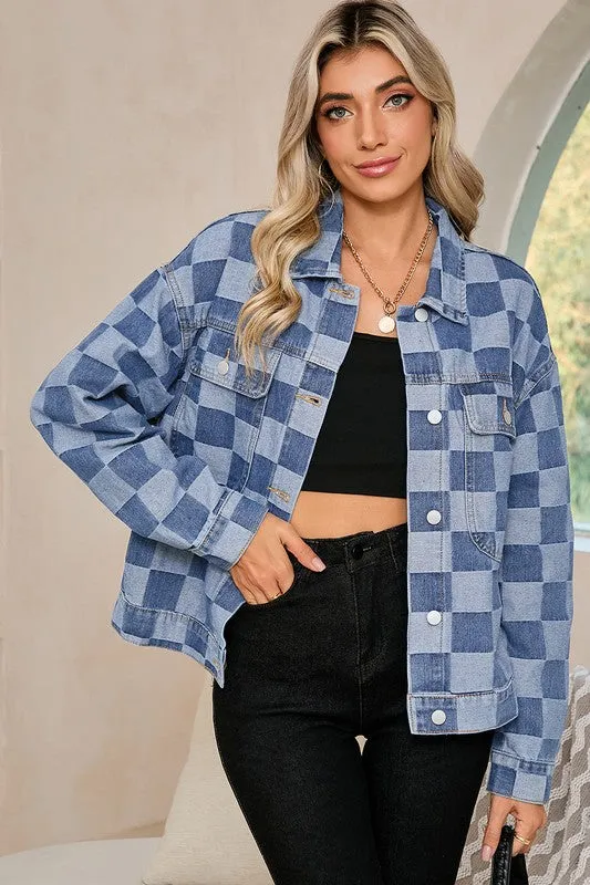 Checkered Patchwork Button Up Denim Jacket sold by Charming Charlie product image thumbnail 5