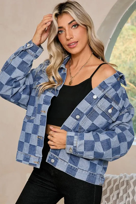 Checkered Patchwork Button Up Denim Jacket sold by Charming Charlie product image thumbnail 3