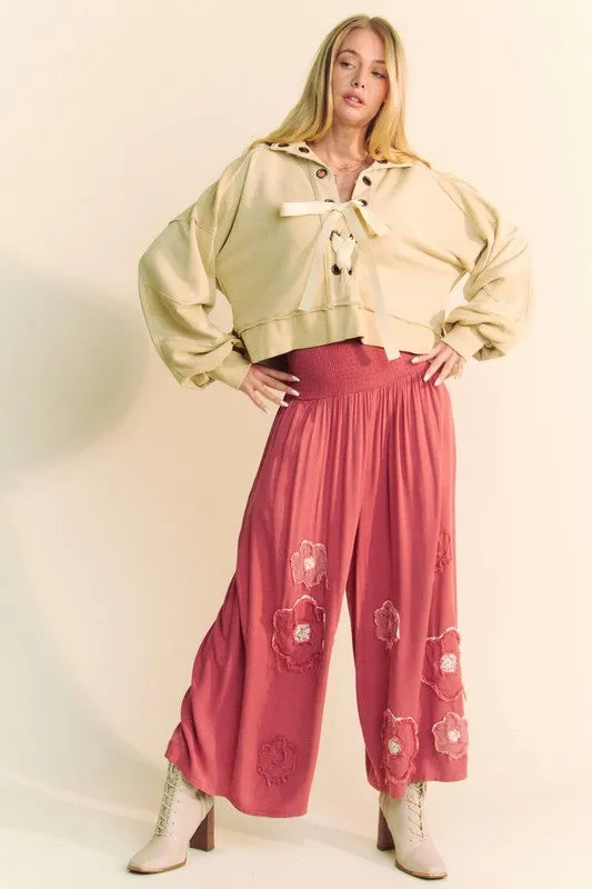 Davi & Dani Smocked Waist Flower Patch Wide Leg Pants sold by Charming Charlie product image thumbnail 4