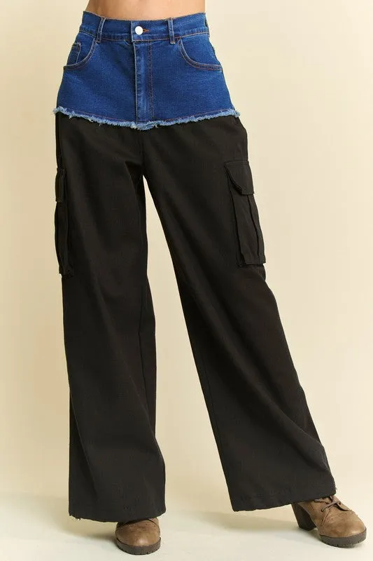 Davi & Dani Denim Patchwork Wide Leg Pants with Cargo Pockets sold by Charming Charlie