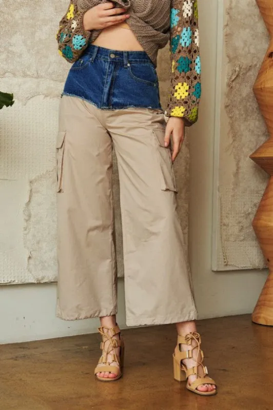 Davi & Dani Denim Patchwork Wide Leg Pants with Cargo Pockets sold by Charming Charlie