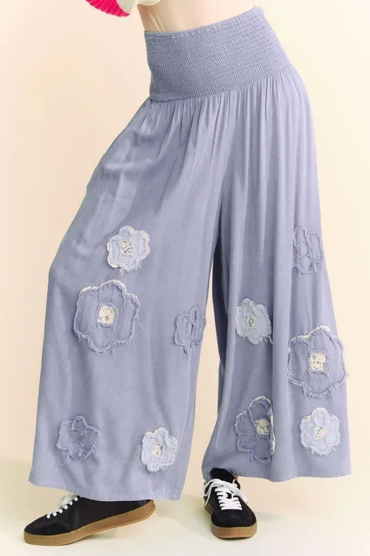 Davi & Dani Smocked Waist Flower Patch Wide Leg Pants sold by Charming Charlie