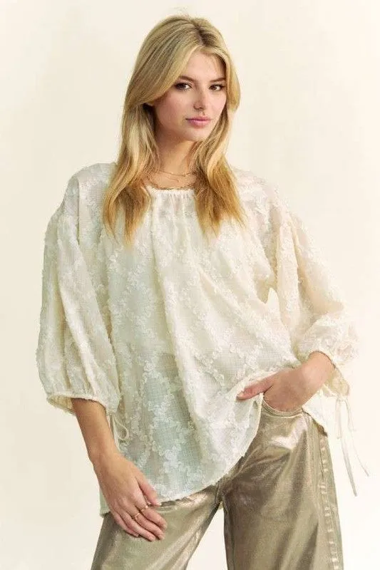 Davi & Dani Tied Round Neck Mesh Blouse sold by Charming Charlie