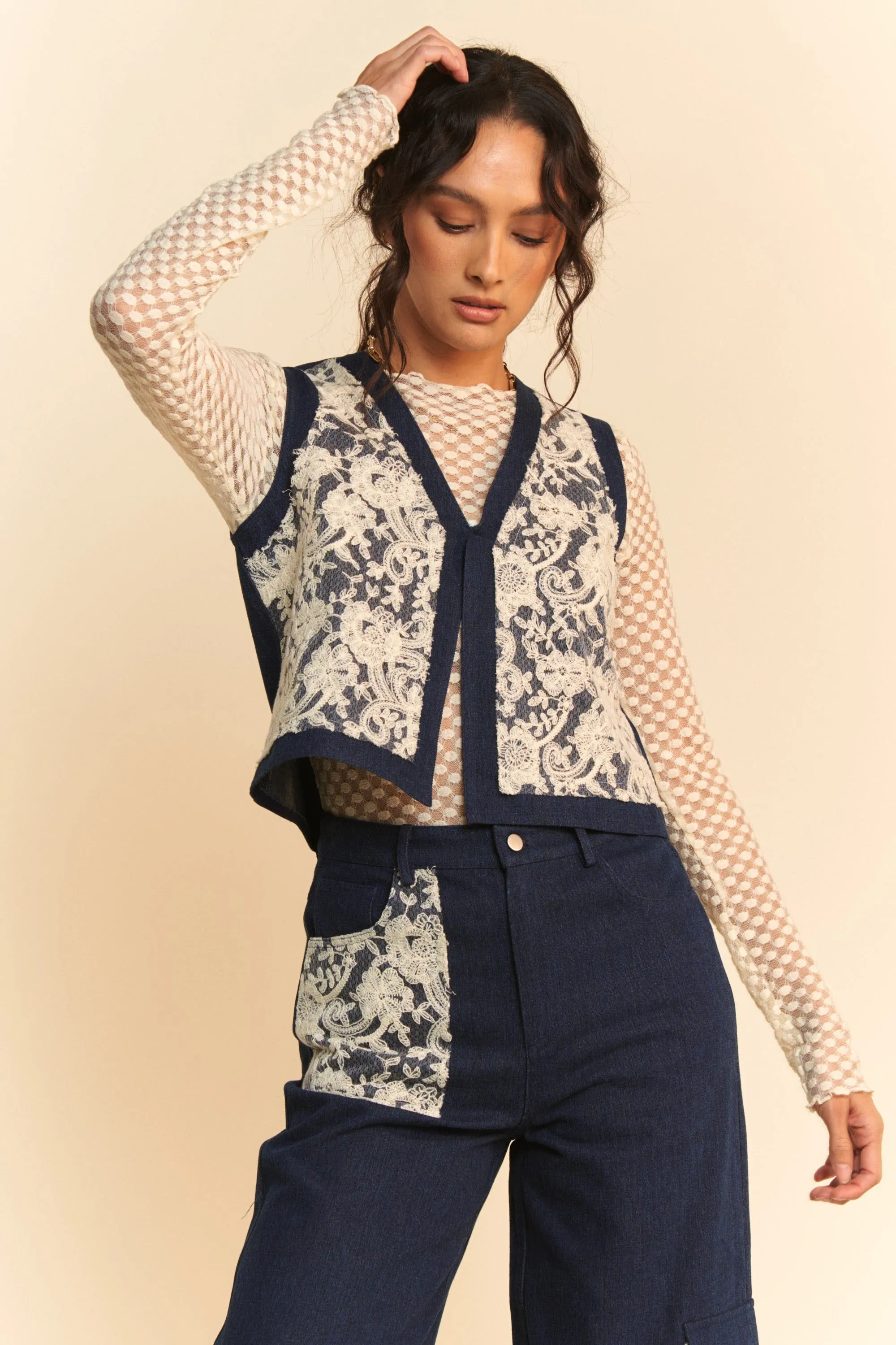 Davi & Dani Lace Patch Open Front Denim Vest sold by Charming Charlie product image thumbnail 4