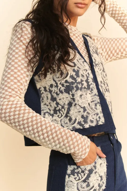 Davi & Dani Lace Patch Open Front Denim Vest made by Charming Charlie