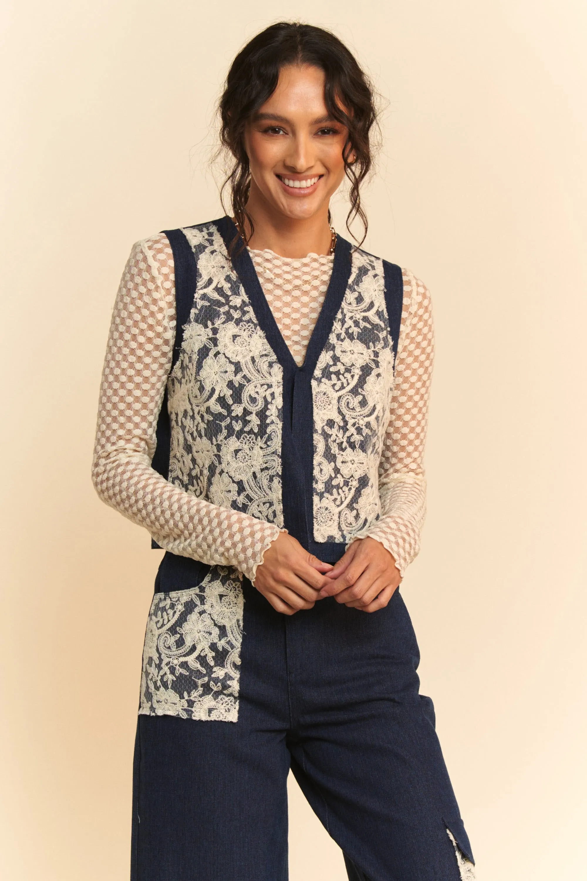 Davi & Dani Lace Patch Open Front Denim Vest sold by Charming Charlie product image thumbnail 5