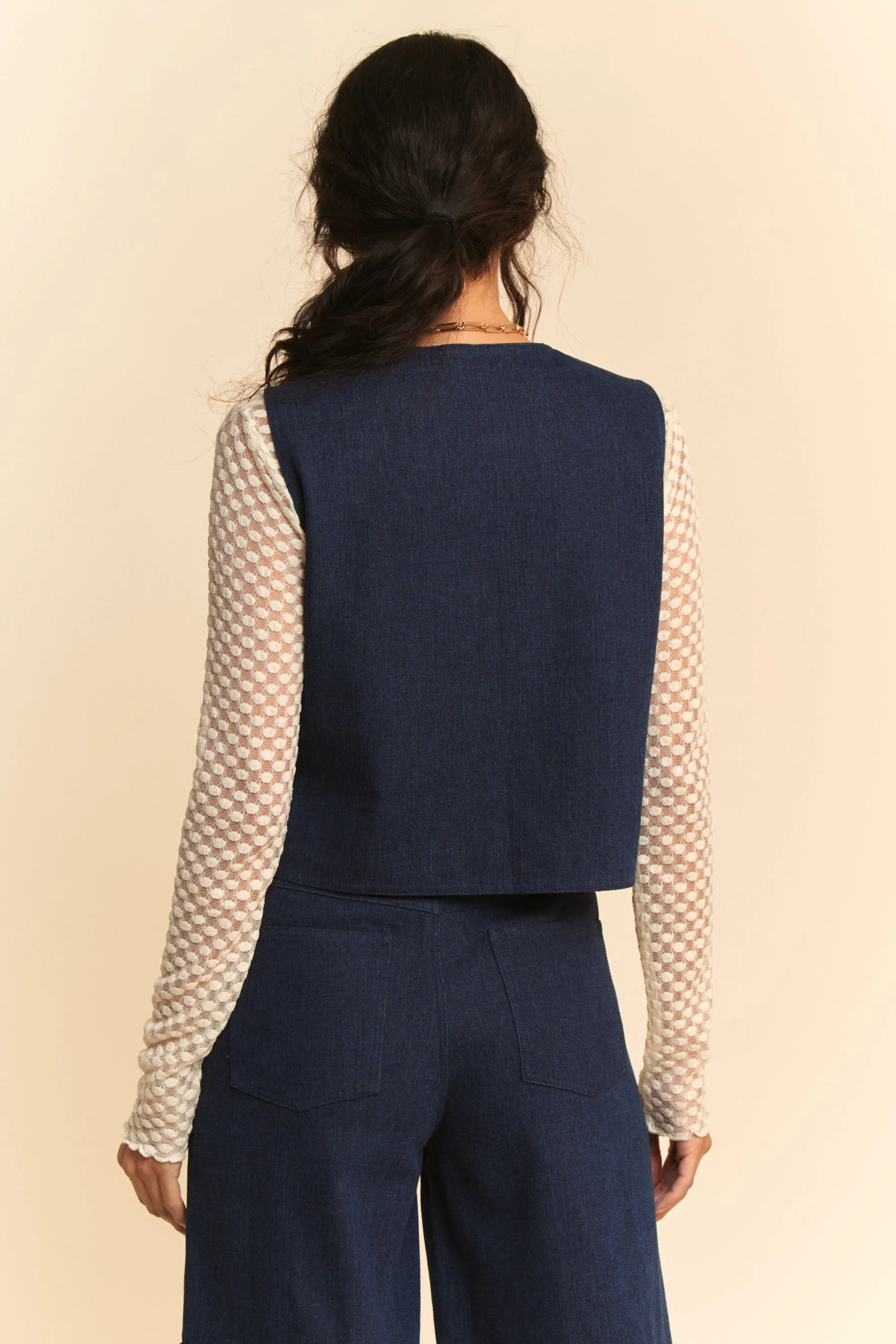 Davi & Dani Lace Patch Open Front Denim Vest sold by Charming Charlie product image thumbnail 2