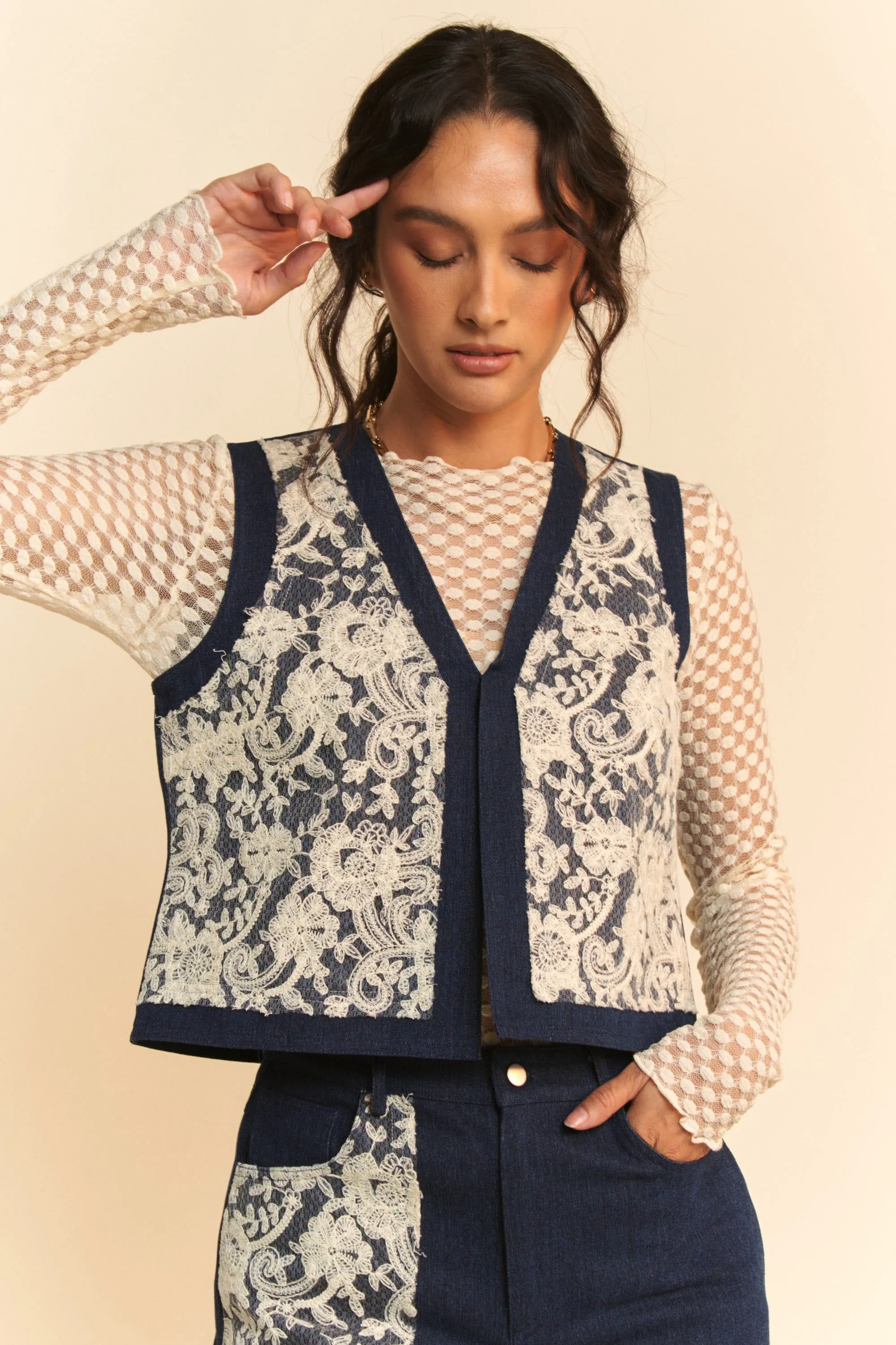 Davi & Dani Lace Patch Open Front Denim Vest sold by Charming Charlie product image thumbnail 3