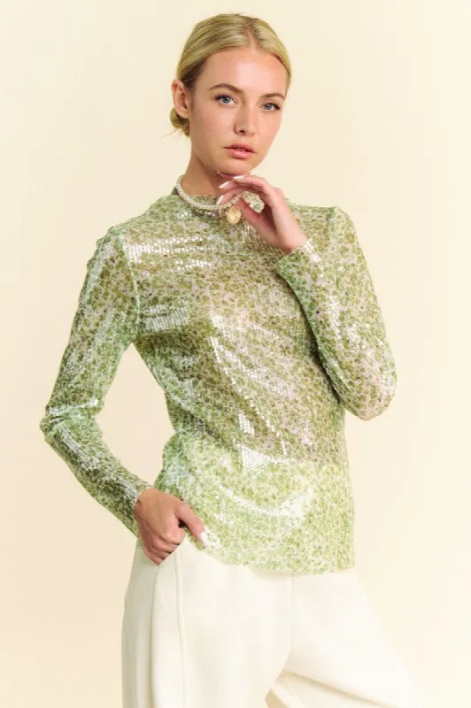 Davi & Dani Sequin Mock Neck Long Sleeve Mesh Top sold by Charming Charlie