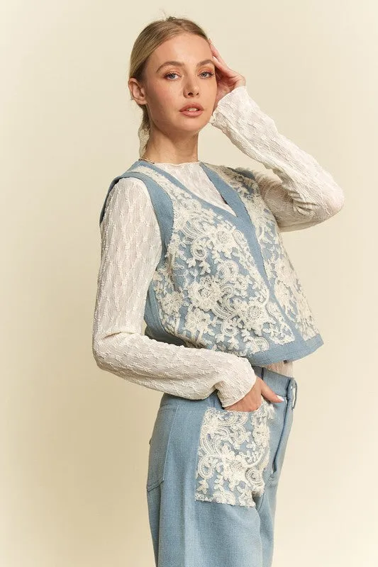 Davi & Dani Lace Patch Open Front Denim Vest sold by Charming Charlie product image thumbnail 3