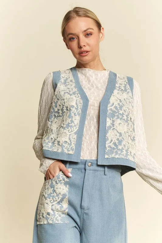 Davi & Dani Lace Patch Open Front Denim Vest sold by Charming Charlie product image thumbnail 4