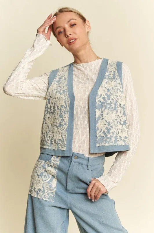 Davi & Dani Lace Patch Open Front Denim Vest made by Charming Charlie