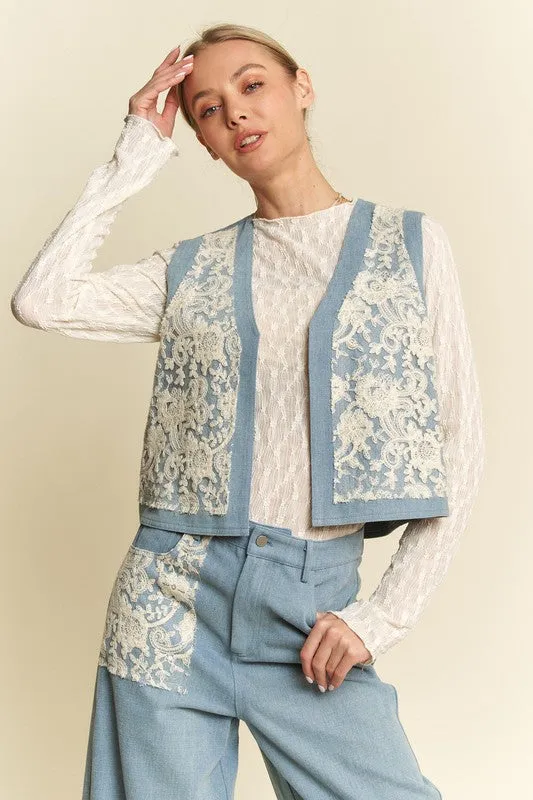 Davi & Dani Lace Patch Open Front Denim Vest sold by Charming Charlie