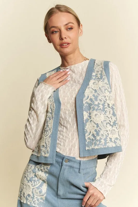 Davi & Dani Lace Patch Open Front Denim Vest sold by Charming Charlie product image thumbnail 5