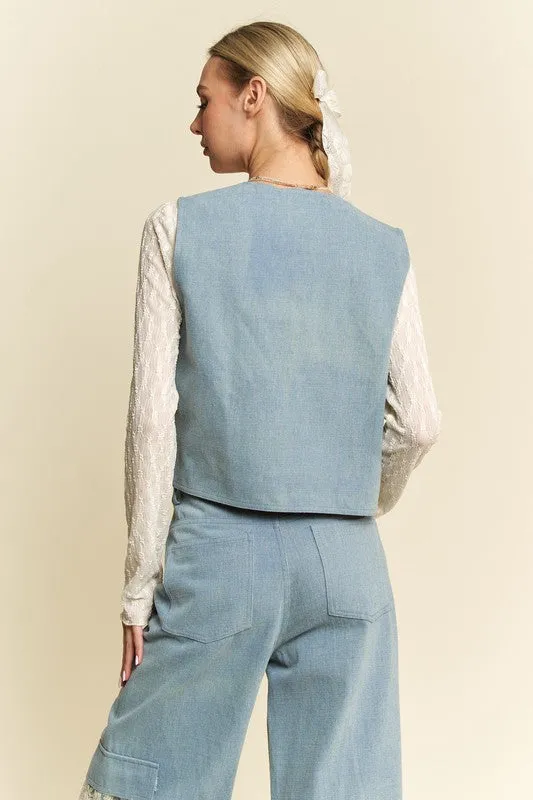 Davi & Dani Lace Patch Open Front Denim Vest sold by Charming Charlie product image thumbnail 2