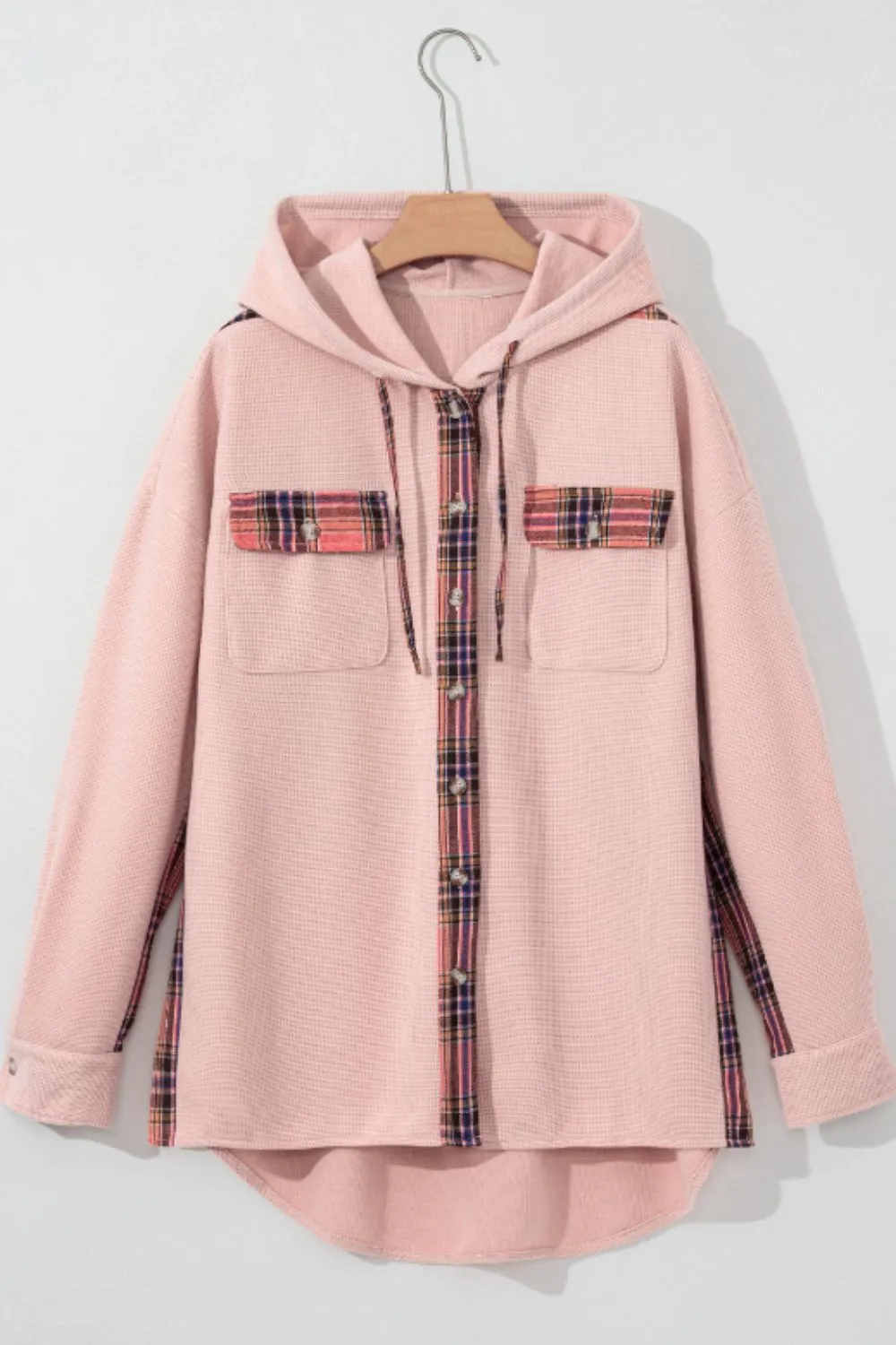 Waffle Knit Plaid Patchwork Drawstring Hooded Shacket sold by Charming Charlie product image thumbnail 4