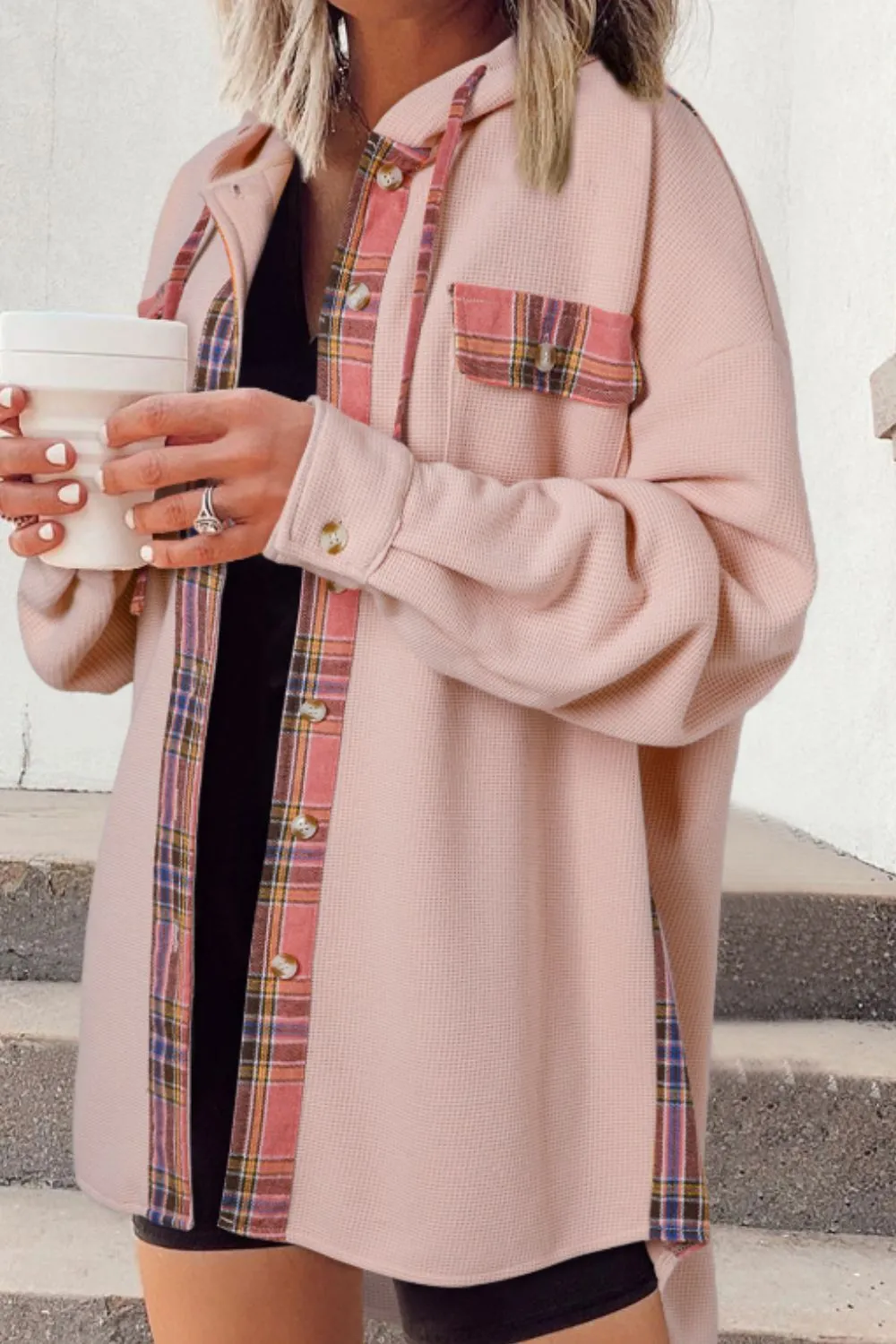 Waffle Knit Plaid Patchwork Drawstring Hooded Shacket sold by Charming Charlie