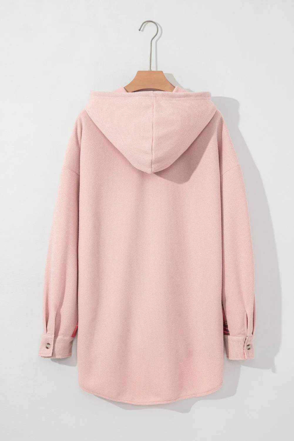 Waffle Knit Plaid Patchwork Drawstring Hooded Shacket sold by Charming Charlie product image thumbnail 5