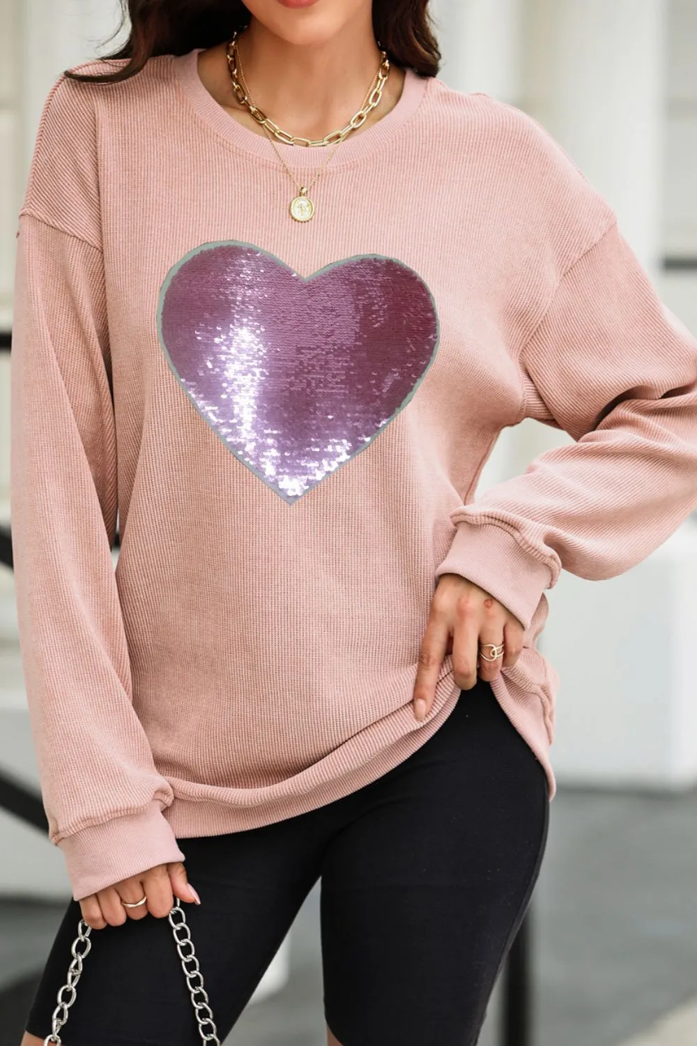 Valentine’s Day Sequin Heart Round Neck Long Sleeve Sweatshirt sold by Charming Charlie product image thumbnail 4