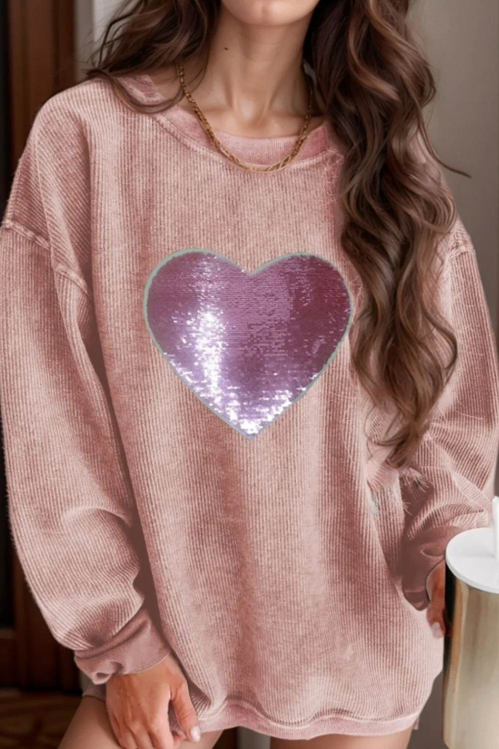 Valentine’s Day Sequin Heart Round Neck Long Sleeve Sweatshirt sold by Charming Charlie