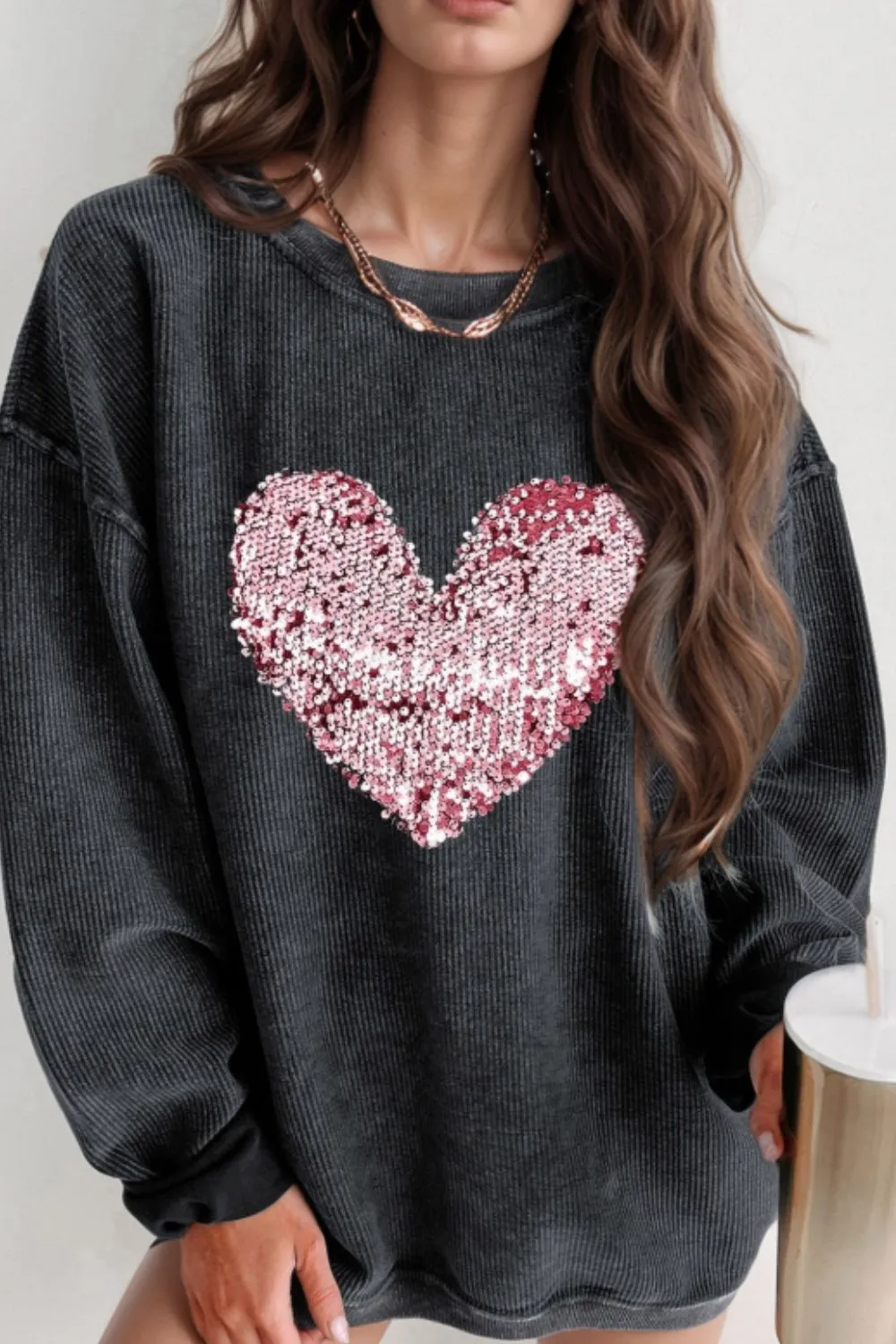 Valentine’s Day Sequin Heart Round Neck Long Sleeve Sweatshirt sold by Charming Charlie product image thumbnail 5