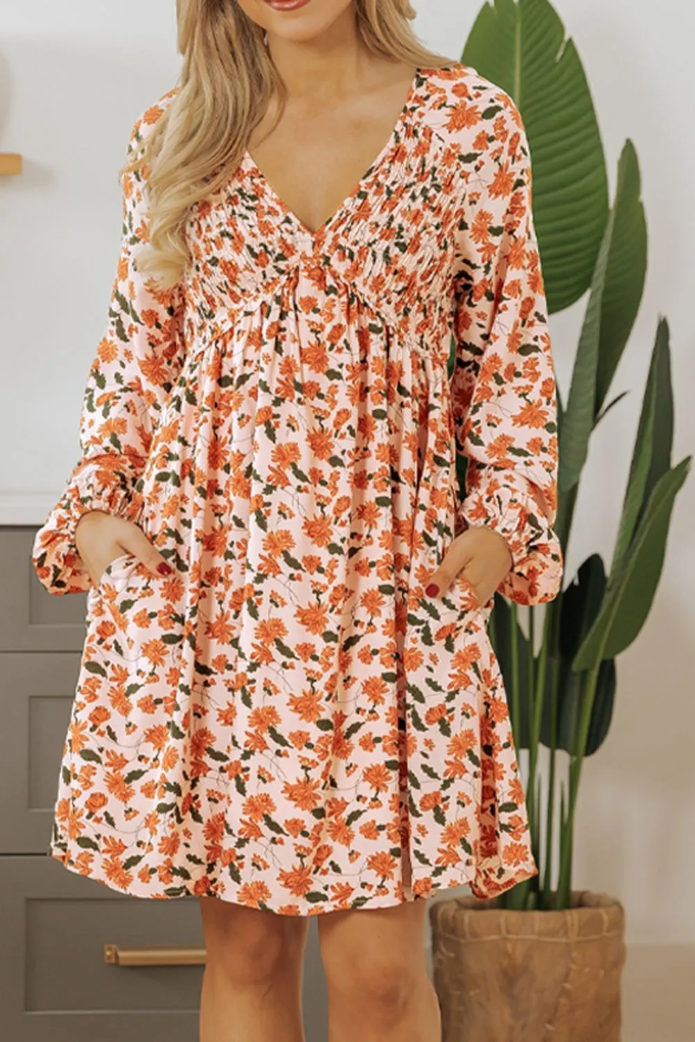 Smocked Printed V-Neck Long Sleeve Dress sold by Charming Charlie product image thumbnail 4