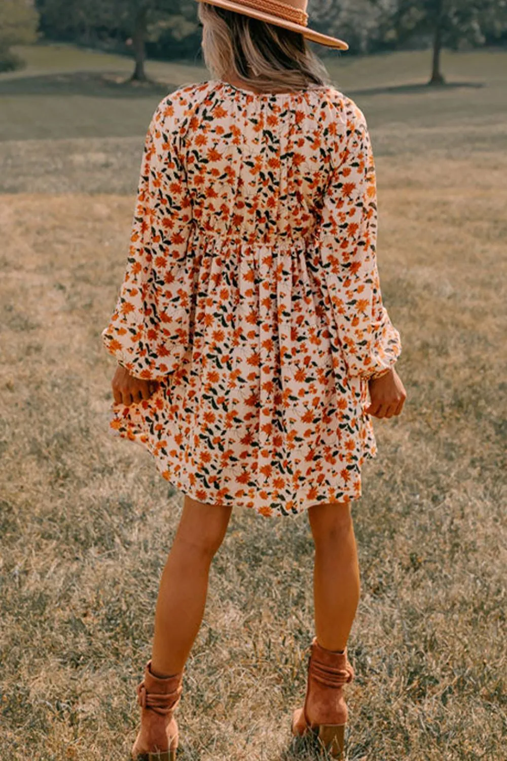 Smocked Printed V-Neck Long Sleeve Dress sold by Charming Charlie product image thumbnail 3