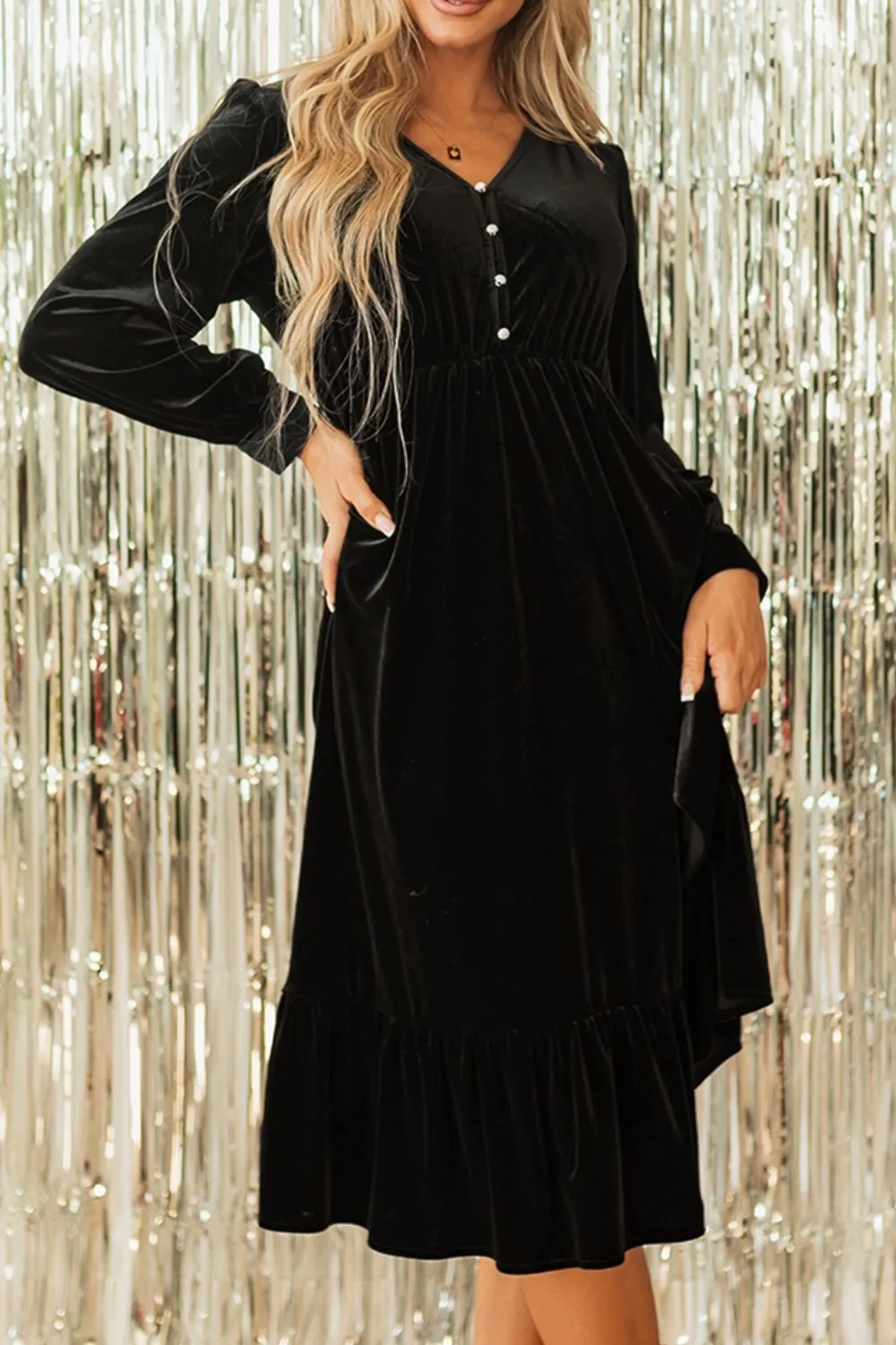 Ruffle Hem Slit V-Neck Long Sleeve Dress sold by Charming Charlie