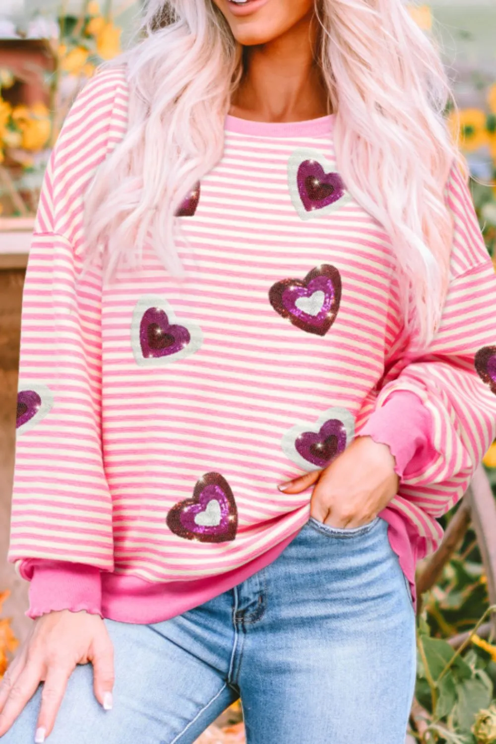 Valentine’s Day Sequin Heart Striped Round Neck Long Sleeve Sweatshirt sold by Charming Charlie product image thumbnail 2