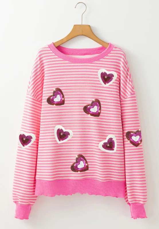 Valentine’s Day Sequin Heart Striped Round Neck Long Sleeve Sweatshirt sold by Charming Charlie product image thumbnail 4