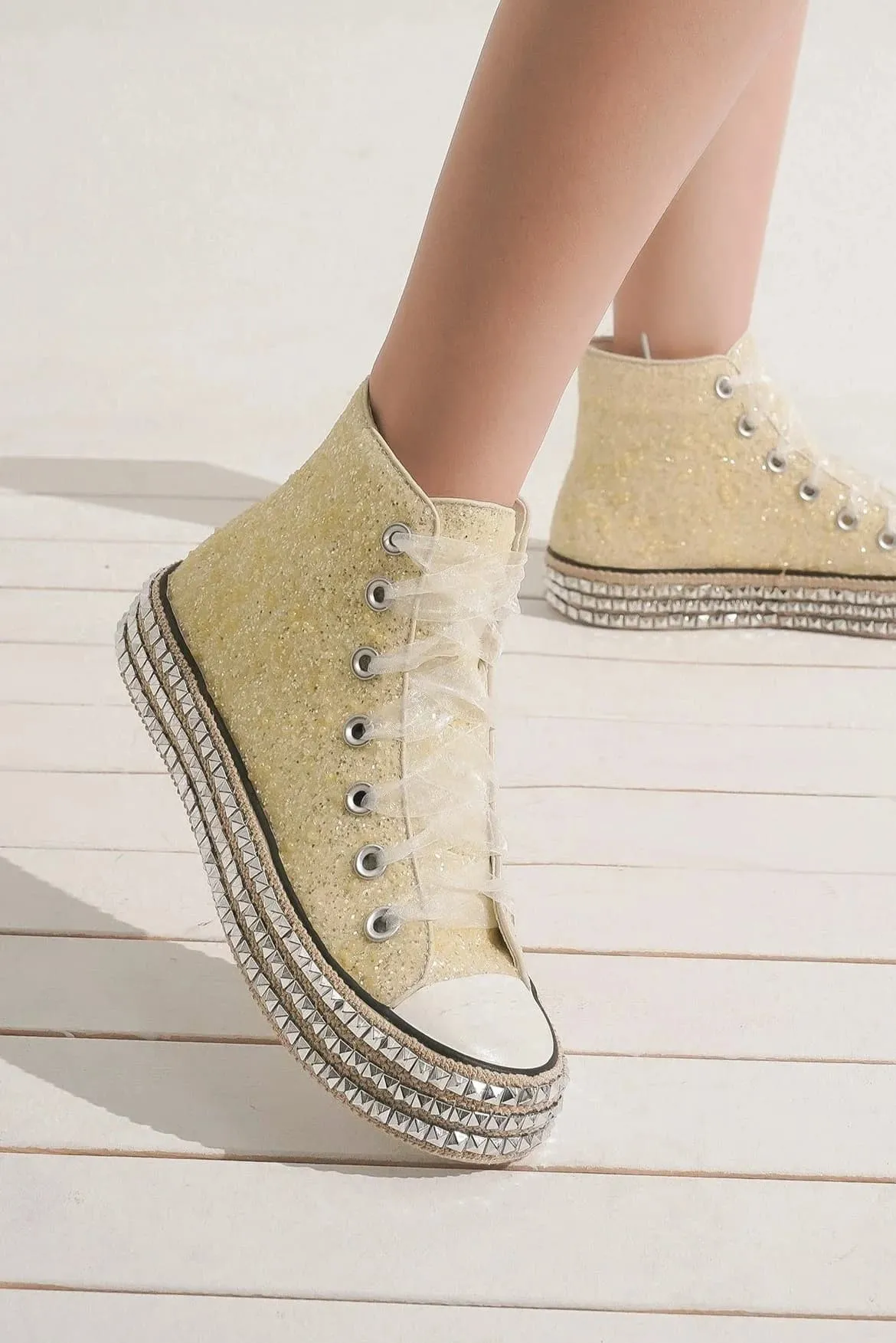 Beast Fashion Glitter Lace-Up Studded Platform Sneakers sold by Charming Charlie