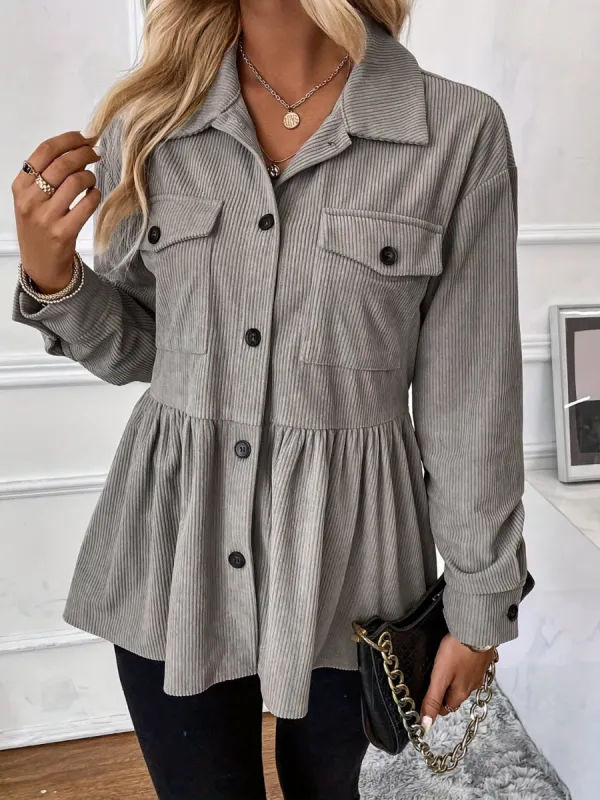 Corduroy Peplum Button Up Shacket sold by Charming Charlie