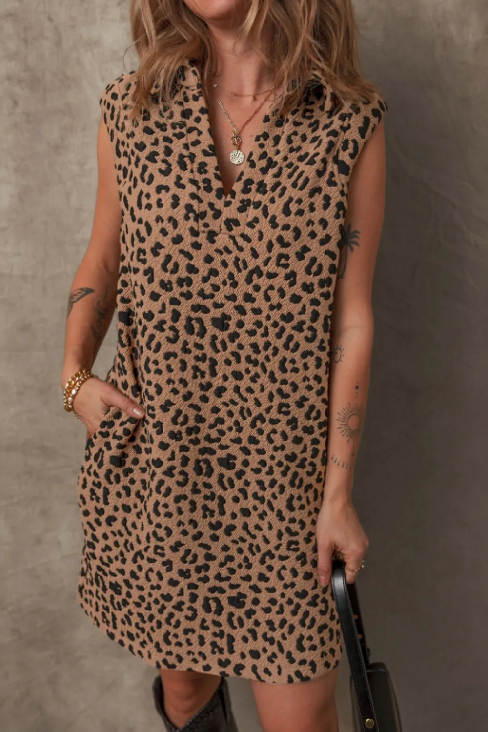 Leopard Johnny Collar Sleeveless Mini Dress sold by Charming Charlie product image thumbnail 2