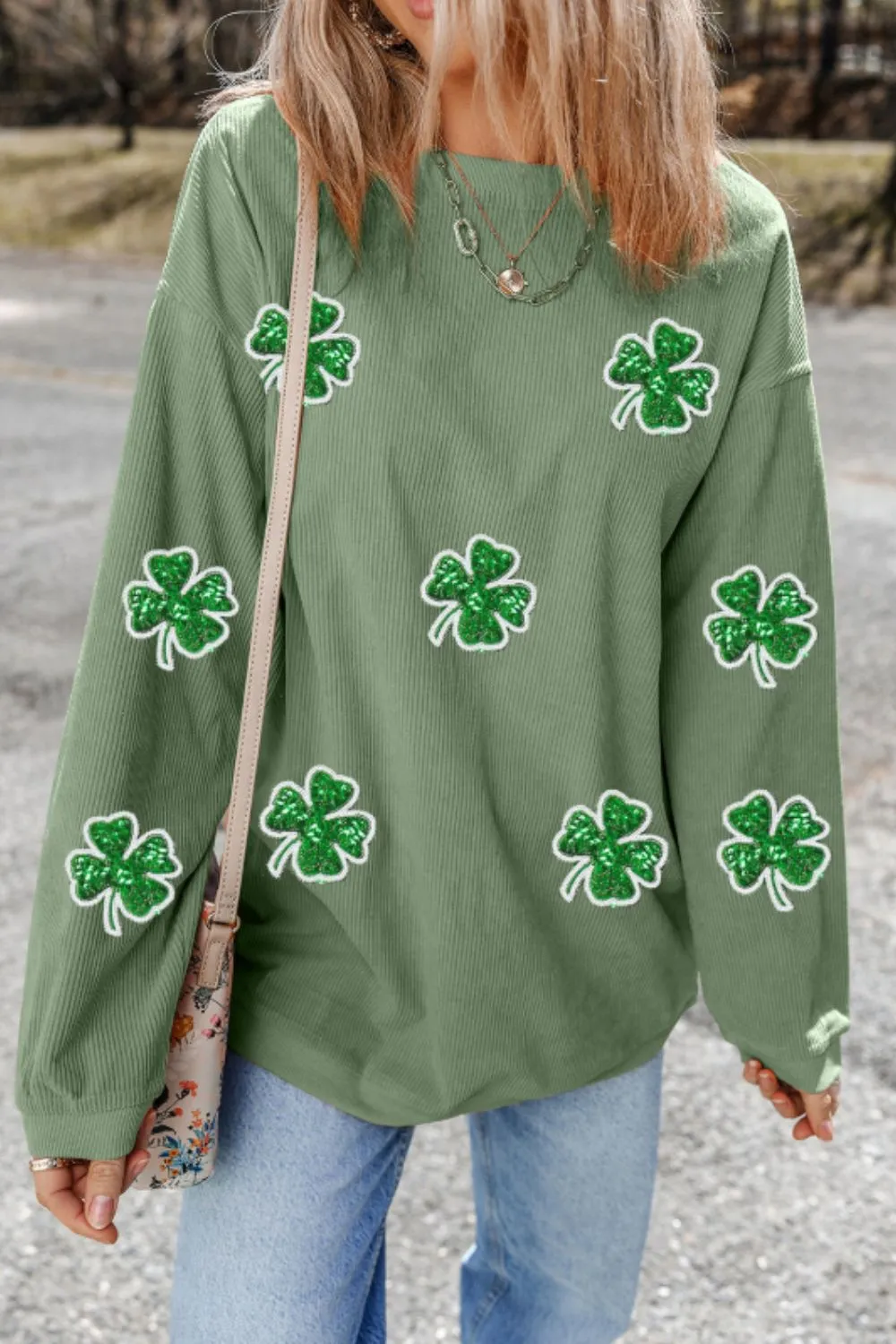 Sequin Lucky Clover Round Neck Long Sleeve Sweatshirt sold by Charming Charlie product image thumbnail 3