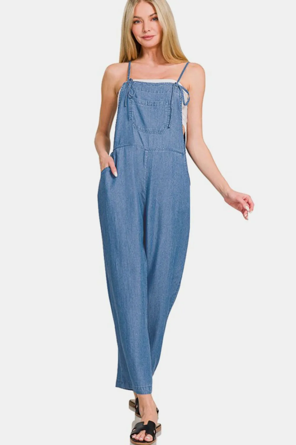 Zenana Washed Adjustable Strap Wide Leg Denim Overalls sold by Charming Charlie product image thumbnail 4