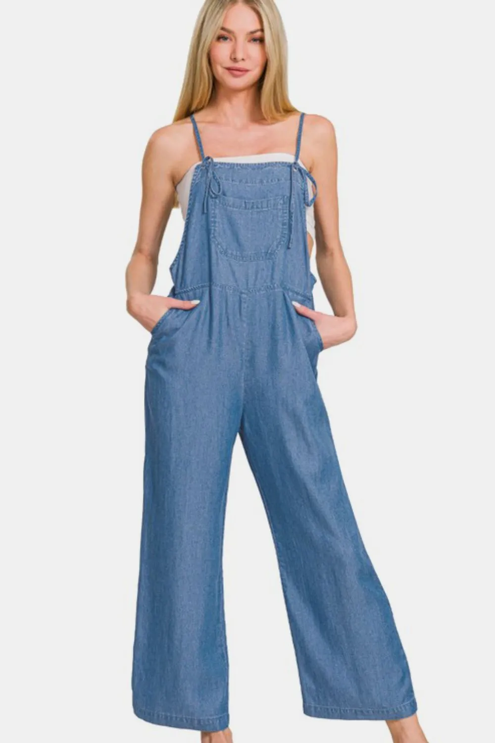 Zenana Washed Adjustable Strap Wide Leg Denim Overalls sold by Charming Charlie