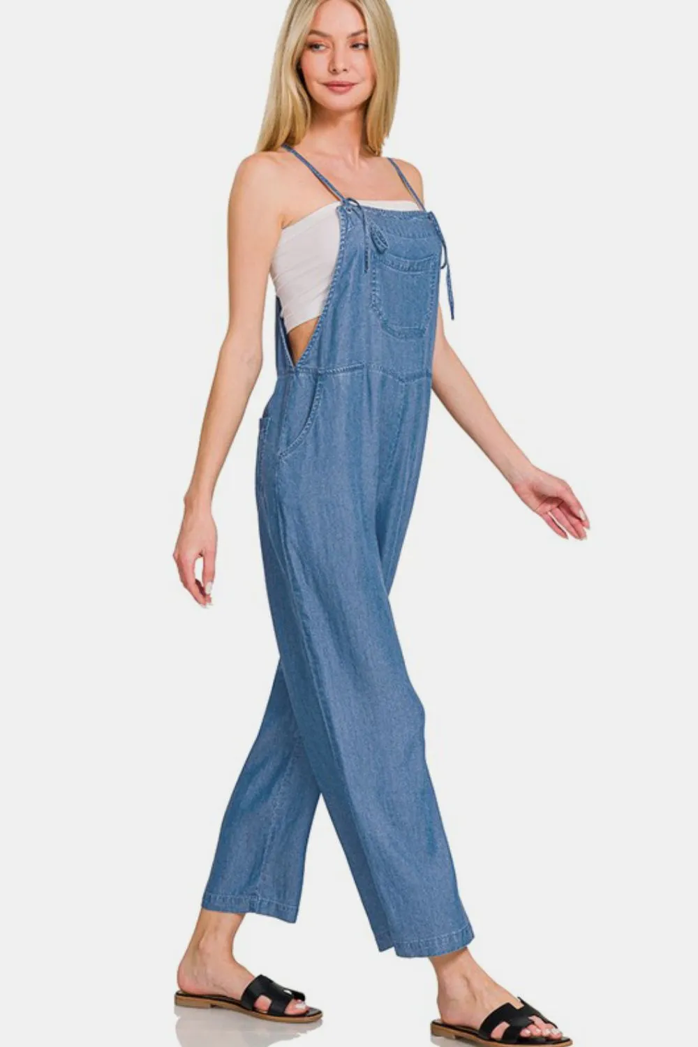 Zenana Washed Adjustable Strap Wide Leg Denim Overalls sold by Charming Charlie product image thumbnail 3