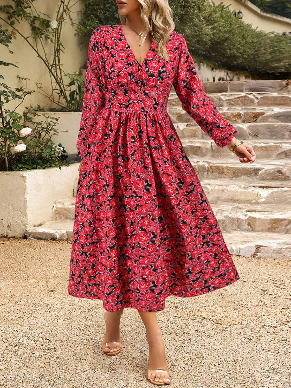 Floral V-Neck Long Sleeve Midi Dress sold by Charming Charlie product image thumbnail 4