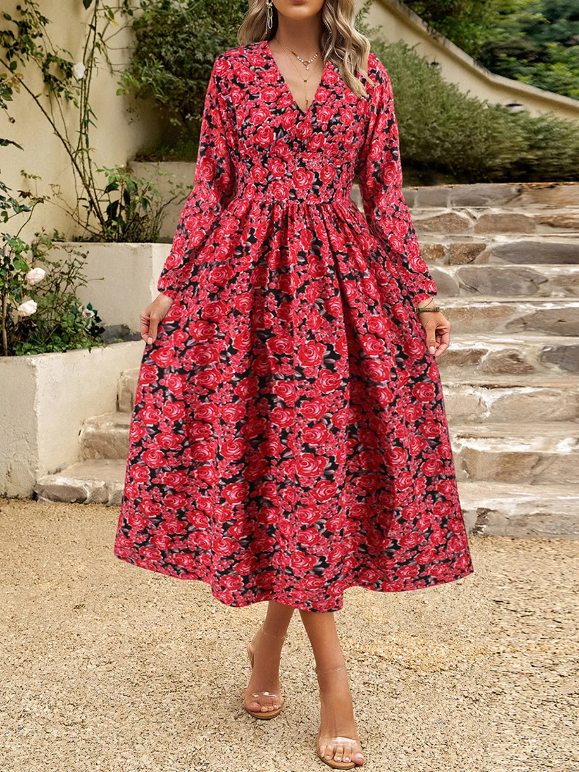 Floral V-Neck Long Sleeve Midi Dress sold by Charming Charlie product image thumbnail 2