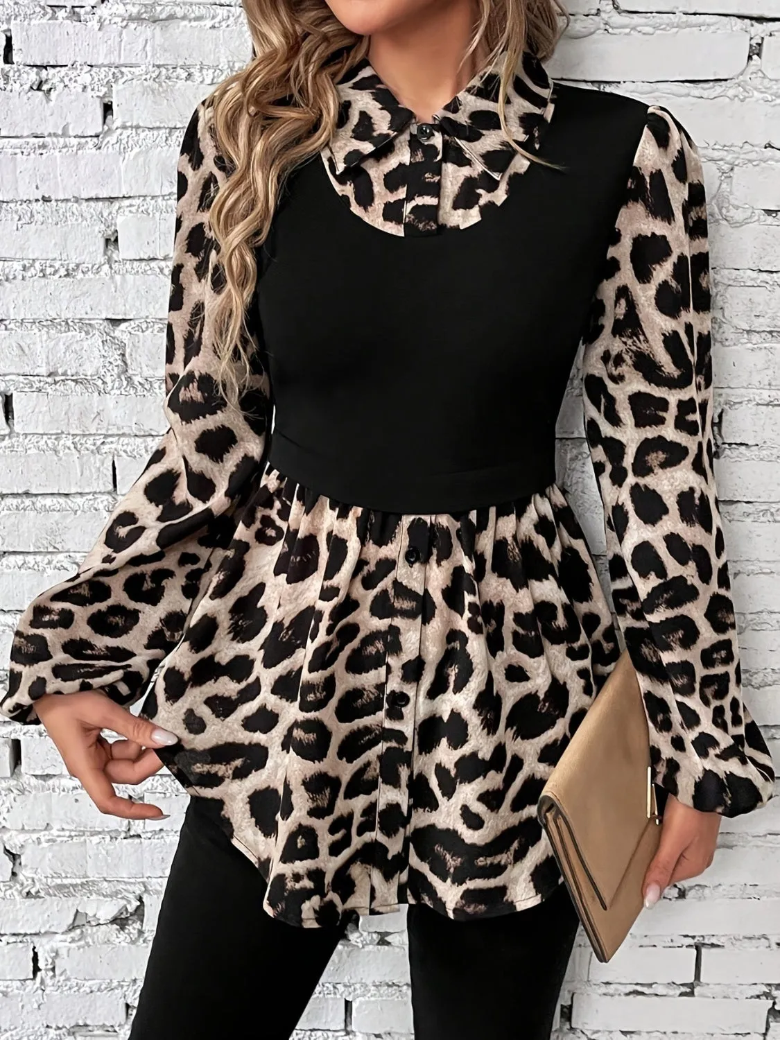 Leopard Collared Neck Balloon Sleeve Blouse sold by Charming Charlie