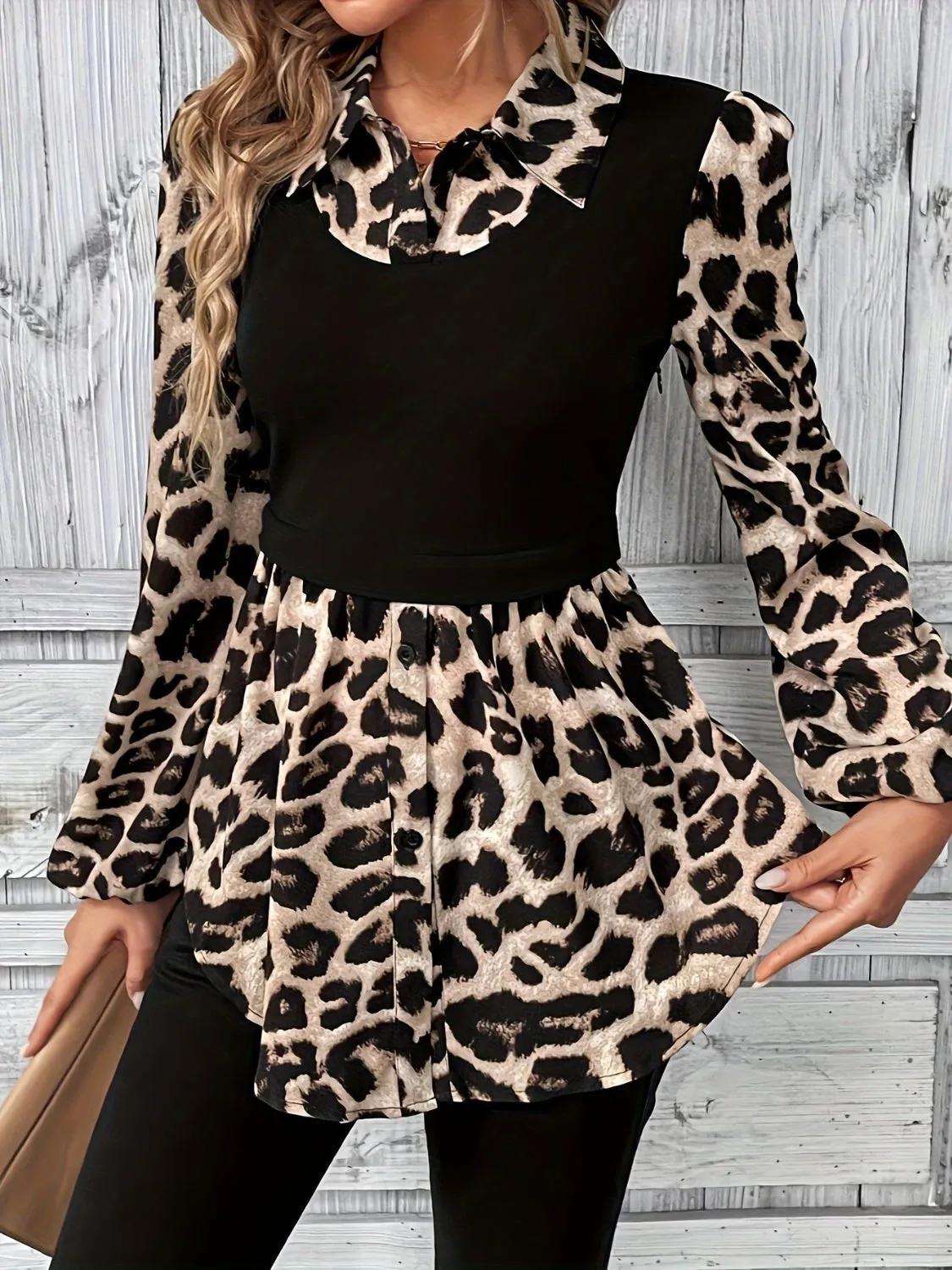 Leopard Collared Neck Balloon Sleeve Blouse sold by Charming Charlie product image thumbnail 3