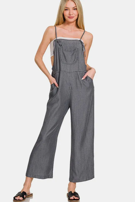 Zenana Washed Adjustable Strap Wide Leg Denim Overalls sold by Charming Charlie