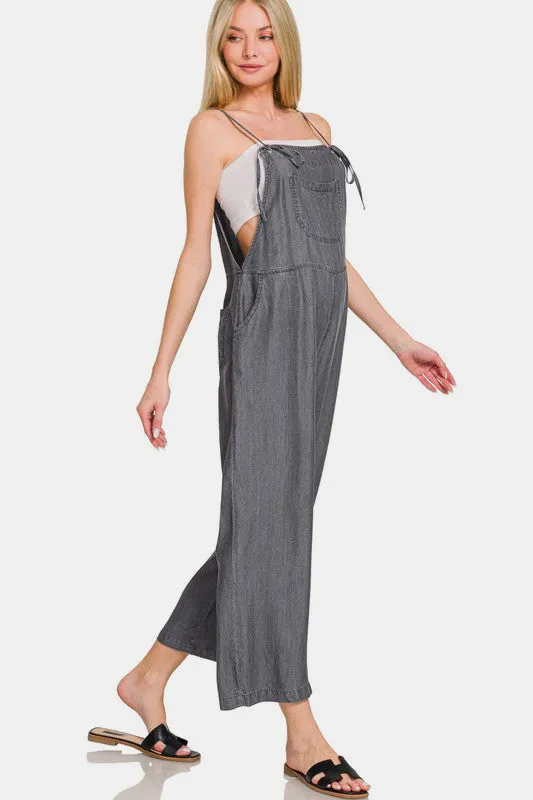 Zenana Washed Adjustable Strap Wide Leg Denim Overalls sold by Charming Charlie product image thumbnail 3