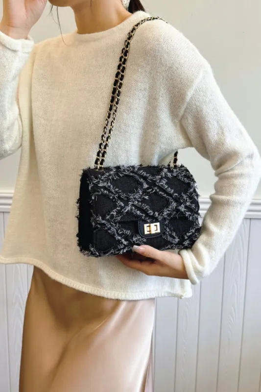 Raw Hem Denim Crossbody Bag sold by Charming Charlie