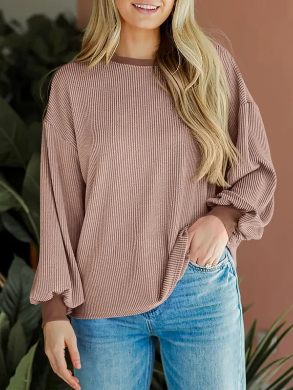 Round Neck Drop Shoulder Long Sleeve Sweatshirt sold by Charming Charlie