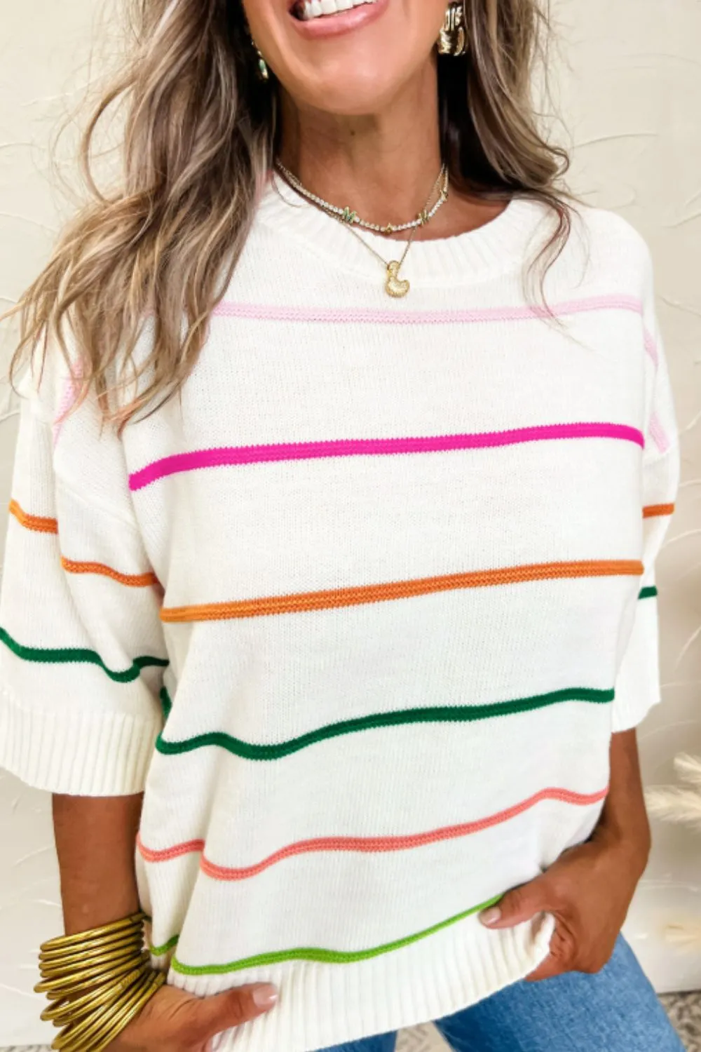 Striped Half Sleeve Drop Shoulder Sweater sold by Charming Charlie