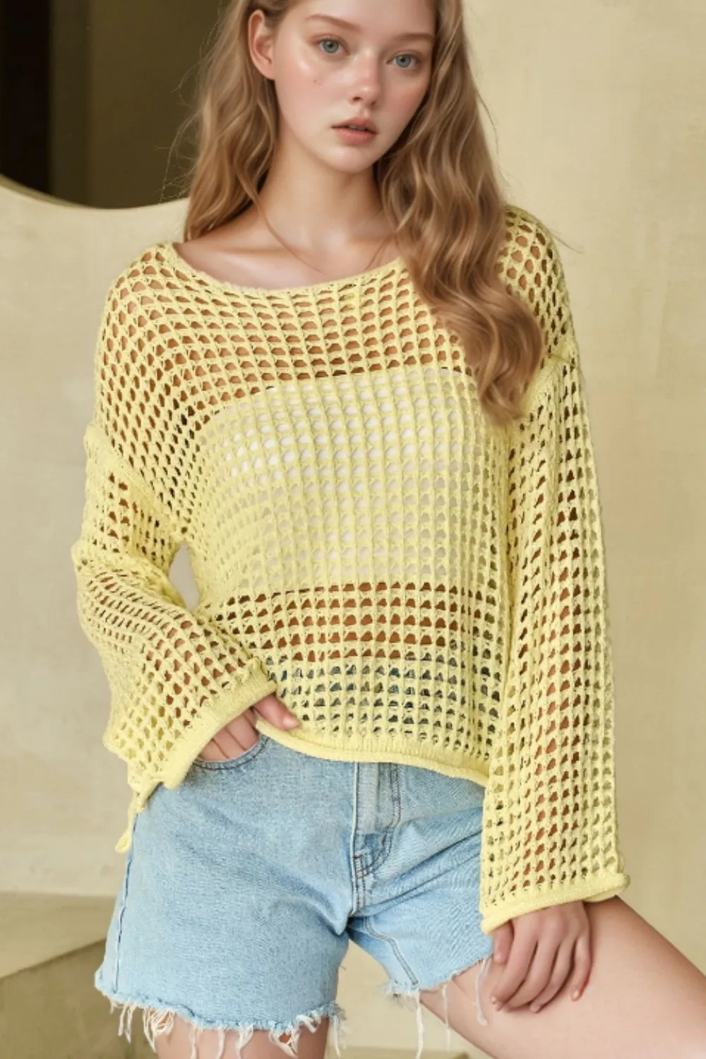 Openwork Round Neck Dropped Shoulder Knit Cover Up sold by Charming Charlie product image thumbnail 2