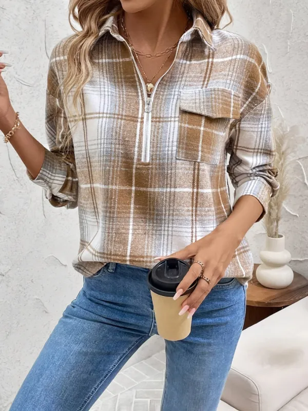 Plaid Collared Neck Half Zip Long Sleeve Top sold by Charming Charlie