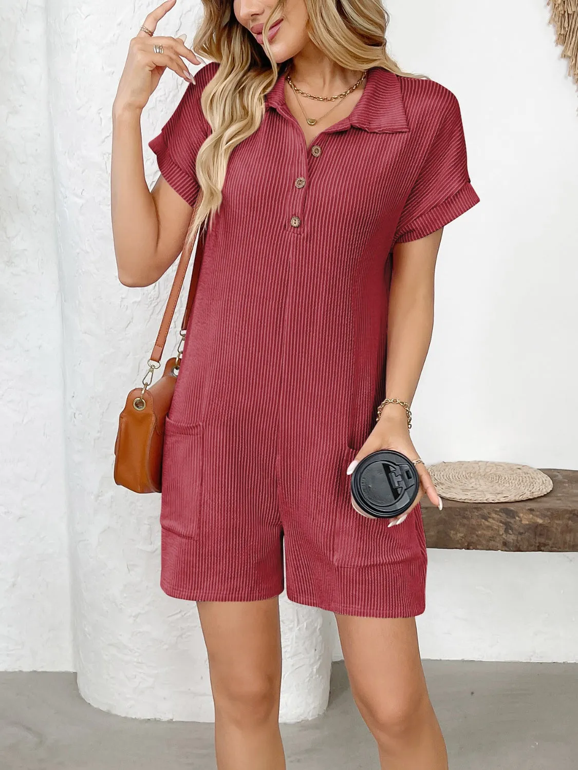 Button Detail Collared Neck Short Sleeve Romper sold by Charming Charlie product image thumbnail 4