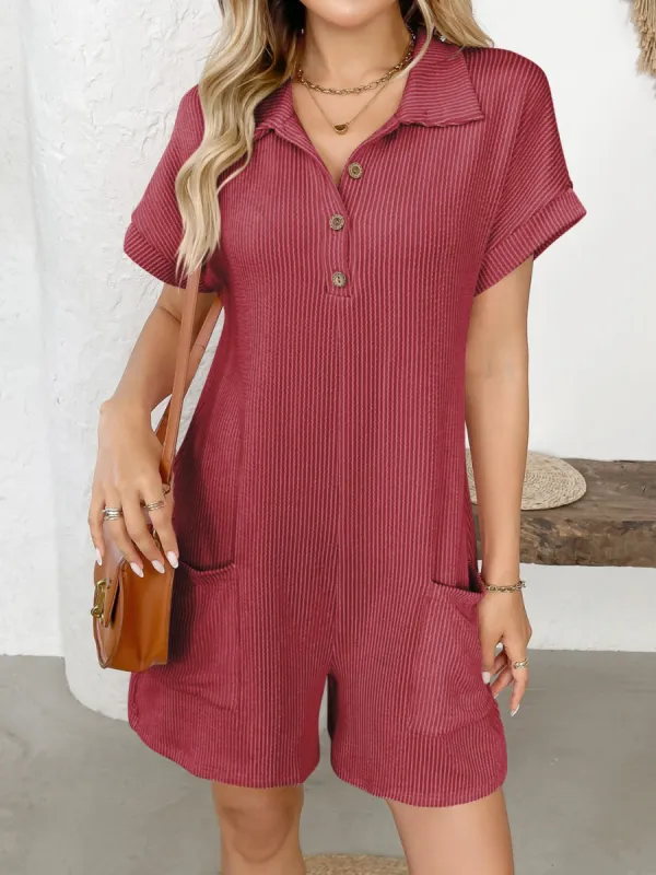 Button Detail Collared Neck Short Sleeve Romper sold by Charming Charlie